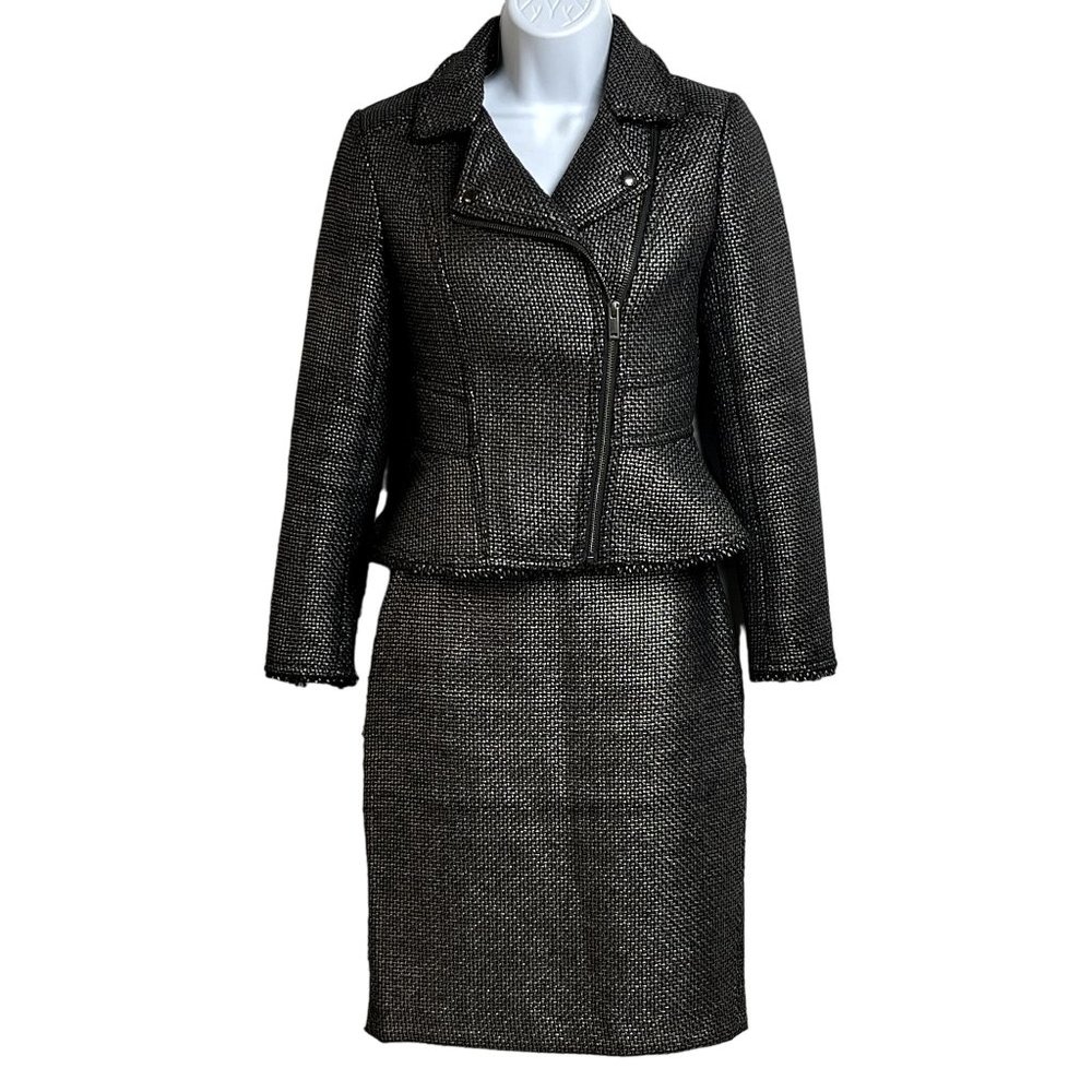BANANA REPUBLIC Womens Skirt Suit Size 00 Metallic Black Gunmetal Basket Weave